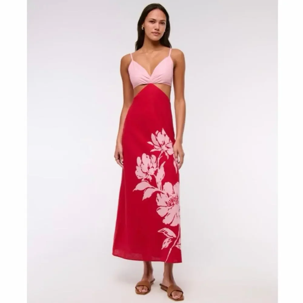 Abercrombie & Fitch Julia Slip Cutout Maxi Dress Red Pink Floral Size Large